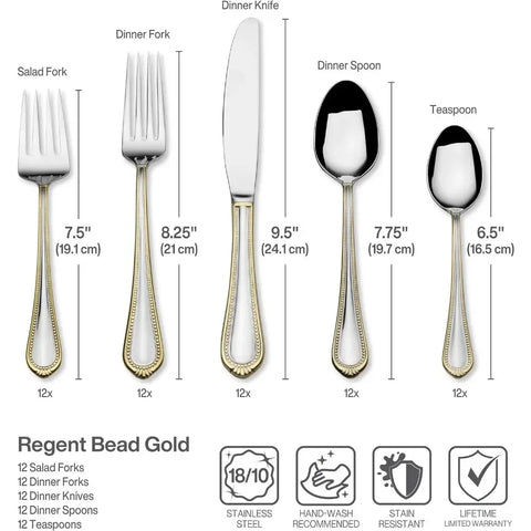 Regent Bead Gold 65-Piece Stainless Steel Flatware Set French Tableware Service for 12 Dinnerware Sets Utensils for Kitchen Fork