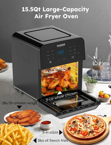 Air Fryer Oven, 15.5Qt X-Large Family Size, SS Rotisserie Basket &-Skewer Kit, Powerful 1800W, 50F-425F Temp Controls