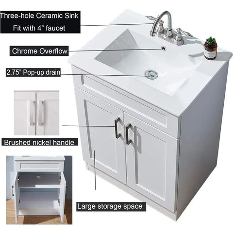 24" Bathroom Vanity, Small Bathroom Vanity with Sink, White Bathroom Sink Cabinet, Modern Bath Vanity Combo