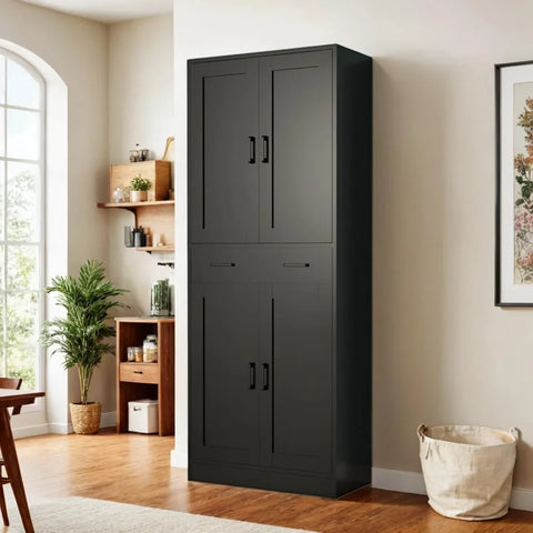 Black Pantry Cabinet, 71" Tall Kitchen Pantry Storage Cabinet with Doors and Drawer, Freestanding Kitchen Hutch Cabinet for