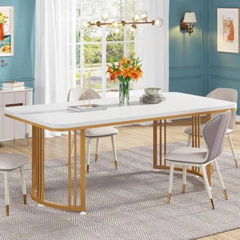 Modern Dining Table for 4-6 People, 63-Inch White Rectangular Kitchen Table Dining Room Table with Metal Frame