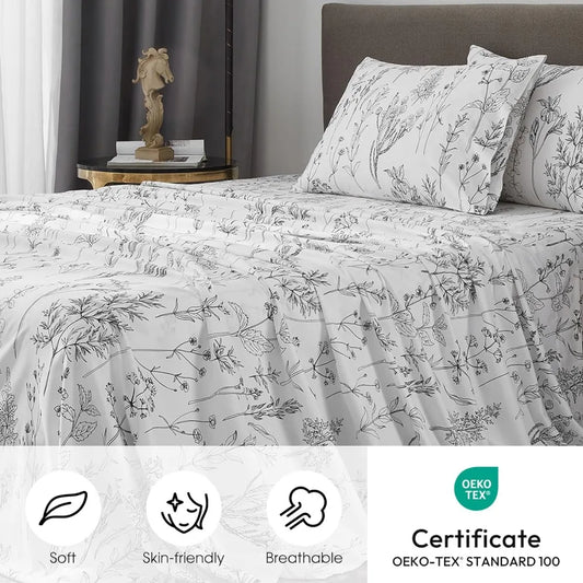 Floral Sheets Queen Size 2 Seater Sheets Complete Game Oeko-Tex Certificated. King Bed Linen Sets Bedding Set Cotton 100% Sheet