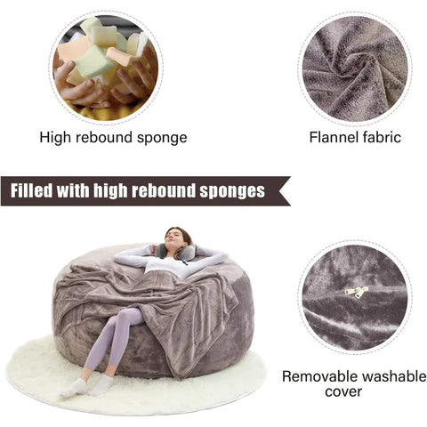 Bean Bag Flannel Sofa Chair (with 50LBS Filling,Gift: U-Shaped Pillow, Blanket Pillowcase,6FT Carpet),Round Soft Back Pillowcase