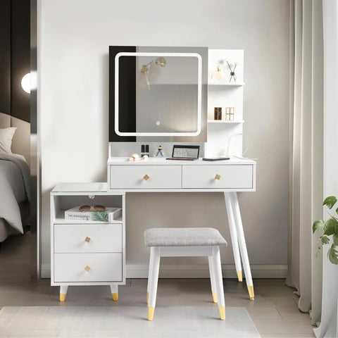 Vanity Table Set with Lighted Mirror Cabinet & Charging Station 3-Color Lighting Makeup Desk with 4 Drawers, Cushioned Stool