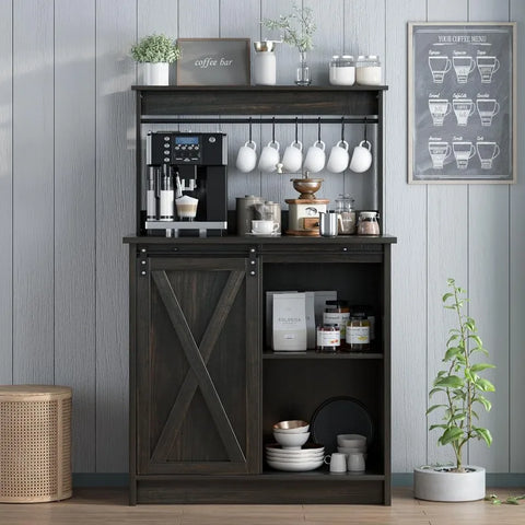 4ever2buy Farmhouse Coffee Bar Cabinet with 6 Hooks, White Coffee Bar with Storage, Kitchen Buffet Cabinet with Adjustable Shelv