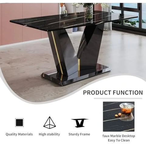 7 Pieces Modern Black Dining Table Set 63" Marble Table Chair Set of 6 PU Leather Chairs Rectangle Dining Room Table Set