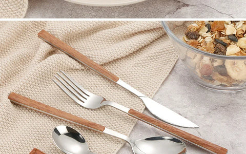 4Pcs 304 Stainless Steel Dinnerware Sets Glossy Silver Wooden Tableware Western Food Knife Fork Teaspoon Cutleries