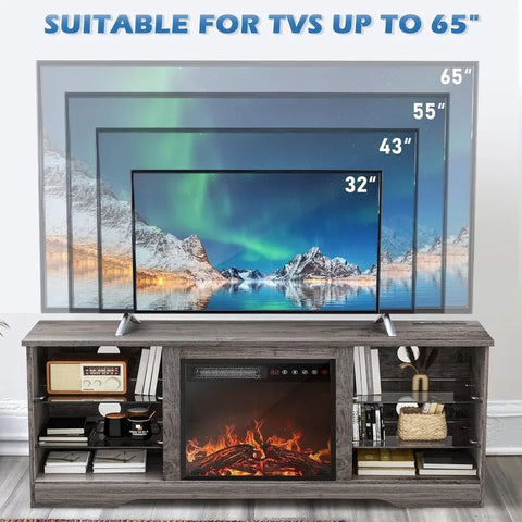 Fireplace TV Stand with 18''Fireplace, Modern Entertainment Center for TVs up to 65 inch, Media TV Console with Adjustable Glass