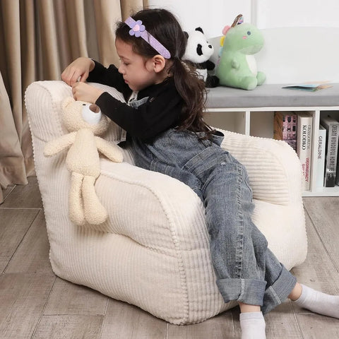 Kids Bean Bag Chair with a Plush Bear, Comfy Toddler Chair for Boys and Girls, Beige kids couch