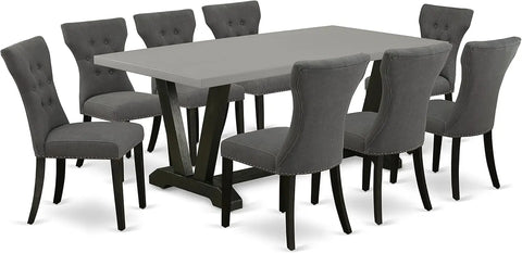 9 Piece Modern Dining Set Includes a Rectangle Wooden Table with Legs and 8 Dark Gotham Linen Fabric Upholstered Chairs