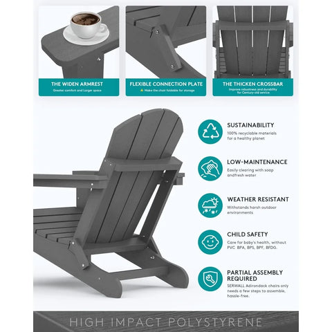 SERWALL Foldable Adirondack Chair Set of 4 for Patio Garden Outdoors Fire Pit-Gray