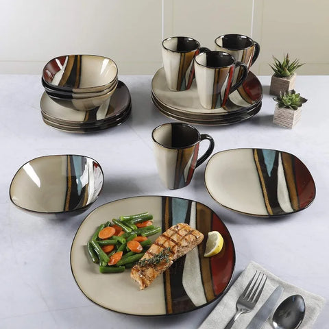 Square Reactive Glaze Stoneware Dinnerware Set, Service for 4 (16pcs),  Set Vaisselle Complet， Dishes and Plates Sets