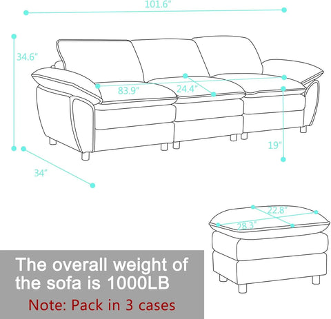 101.6" Modular sectional Chenille Sofa, Modern Dark 3-Seater Cloud Sofa with Ottoman for Living Room Office Apartment (Gray)