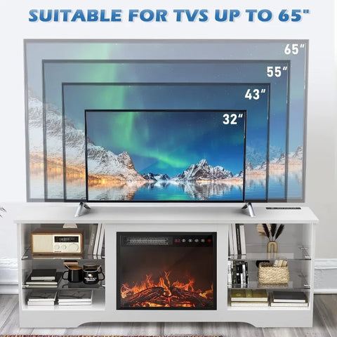 Fireplace TV Stand with 18''Fireplace, Modern Entertainment Center for TVs up to 65 inch, Media TV Console with Adjustable Glass