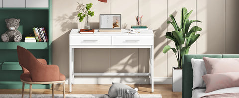 Modern White 41 Inches Computer Desk with 2 Drawers Home Office Bedroom Table Study Writing Desk Metal Frame