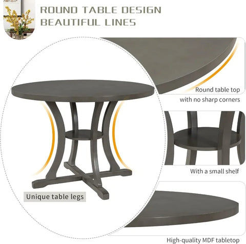 5-Piece Round Dining Table and Chair Set, Round Dining Table with Shelf, Wood Table Set for Family Dining Area