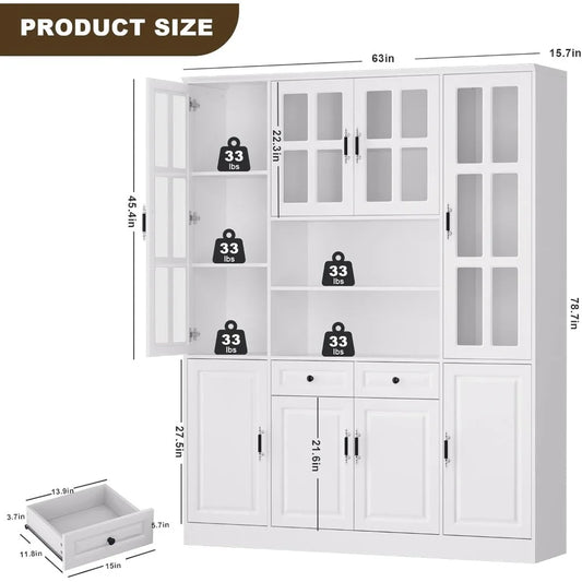 Kitchen Pantry Storage Cabinet, 78.7" Tall Pantry Cabinet with Glass Doors & Drawers, Freestanding Utility Pantry Cabinet