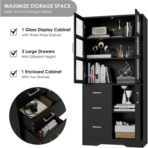 Tall Storage Cabinet with 2 Glass Display Door & Shelves & 3 Drawer, 67"H Tall Kitchen Pantry Cabinet,  Black