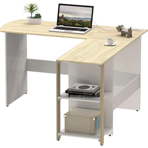 L-shaped home office, wooden corner desk, black computer desk