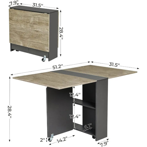 Folding Dining Table, Drop Leaf Dining Table with Wheels and Layer Storage Shelf, Space Saving Dining Table for Small Spaces