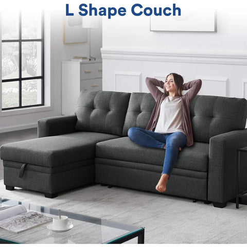 4-in-1 Convertible L Shaped Couch with Pull Out Bed and Storage Sectional Sleeper Sofa with Reversible Chaise for Living Room,Ap