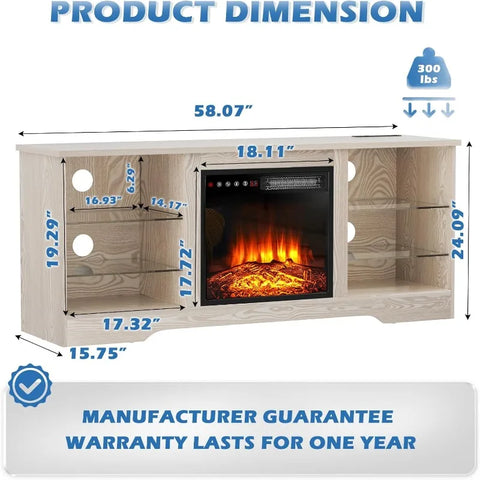 Fireplace TV Stand with 18''Fireplace, Modern Entertainment Center for TVs up to 65 inch, Media TV Console with Adjustable Glass