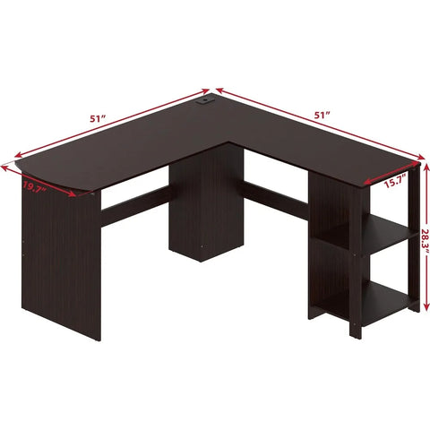 L-shaped home office, wooden corner desk, black computer desk