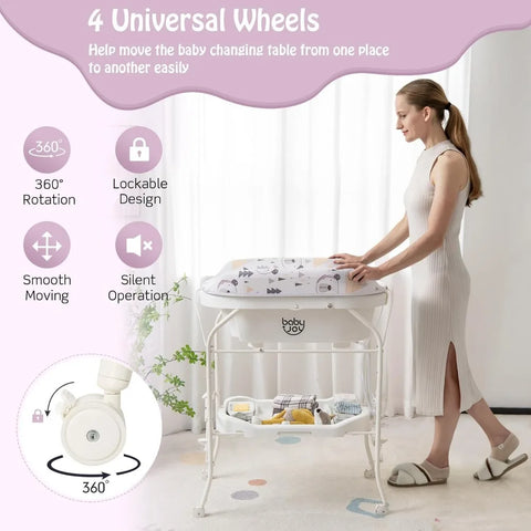 BABY JOY Baby Bathtub with Changing Table, Foldable Infant Diaper Changing Station with Storage Tray, Waterproof Pad, Portable