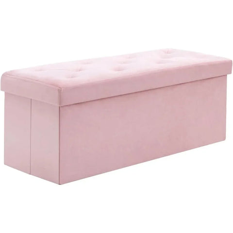 43 Inches Folding Storage Ottoman Bench, Velvet Ottoman with Footrest for Living Room, Long Shoes Bench, (Pink)