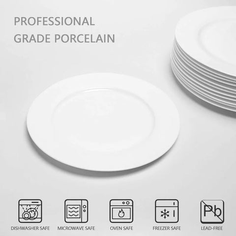 12-Piece White Porcelain Dinner Plates, Round Dessert or Salad Plate, Serving Dishes, Dinnerware Sets, Scratch Resistant