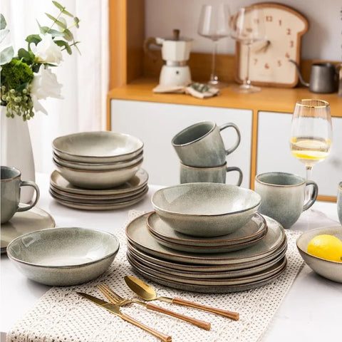 Ceramic Dinnerware Sets,Handmade Reactive Glaze Plates and Bowls Set,Highly Chip and Crack Resistant