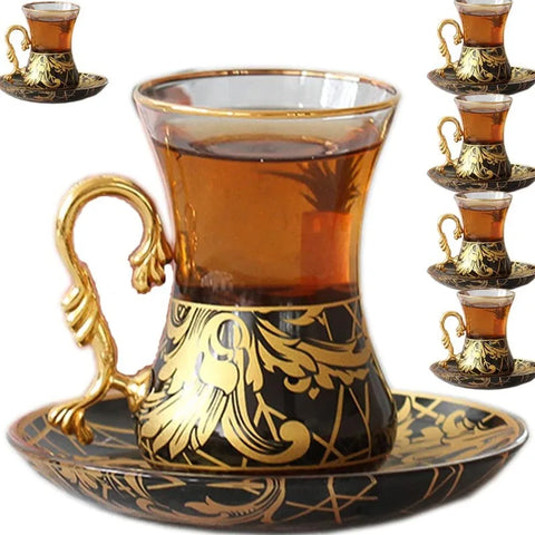 Gold Vintage Turkish Tea Glasses Cups and Saucers Set of 6 Drinking Glassware Party Adults Fancy Serving Coffee Tray