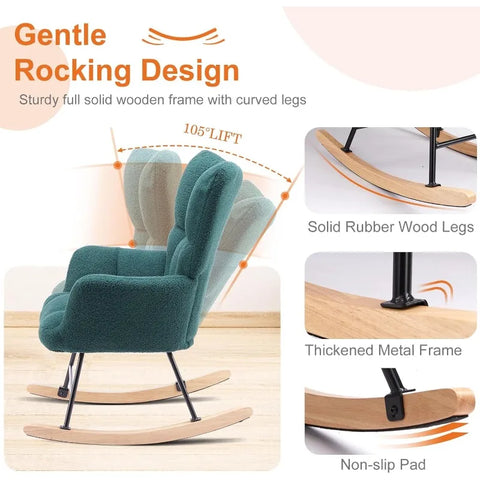 Sweetcrispy Rocking Chair Nursery, Teddy Upholstered Glider Rocker with High Backrest, Reading Chair Modern Rocking Accent Chair