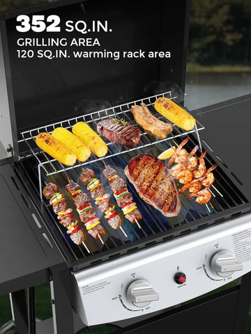 2 Burner BBQ Propane Gas Grill, Stainless Steel 20000 BTU, Equipped with 2 Sides Storage Shelves and 2 Wheels for Easy Mobility