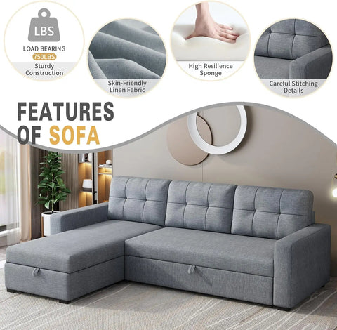 81.5" Sectional Sofa with Storage Chaise & Pull-Out Bed,L-Shape Convertible Corner Couch W/ 3 Back Cushions