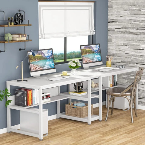 Two Person Desk with Bookshelf, 78.7 Computer Office Double Desk for Two Person, Rustic Writing Desk Workstation