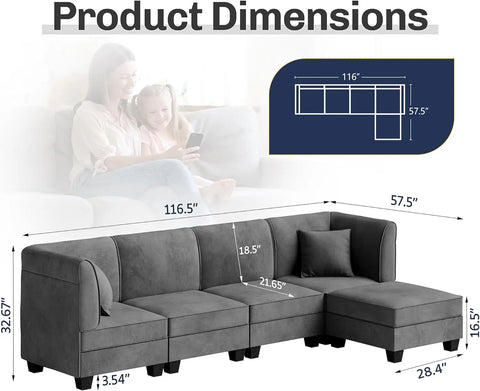 Modular Sectional Sofa with Reversible Chaise Convertible L Shaped Couch with Ottoman Velvet Modular Sofa 116" Sectional Couch