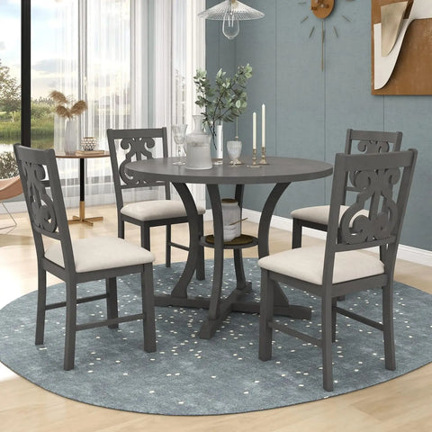 5-Piece Farmhouse Dining Table Set Wood Round Extendable Dining Table and 4 Upholstered Dining Chairs