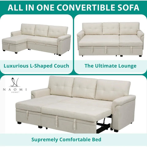 Sectional Sofa Sleeper with Storage Chaise, Tufted Pull-Out Couch with Storage,  L-Shaped Reversible Sleeper Sofa with Storage