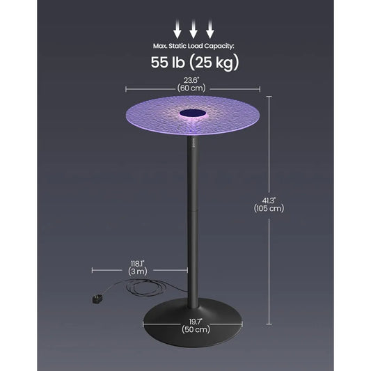 Bar Table, Round Cocktail Table with Multi-Colored Lights and Glass Top, Large Steel Base,41.3 Inches Tall Pub Table for Kitchen