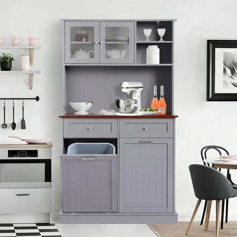 Kitchen Pantry Storage Cabinet, Microwave Cabinet with Tilt Out Trash Cabinet, Freestanding Kitchen Hutch,Tall Pantry Cabinet