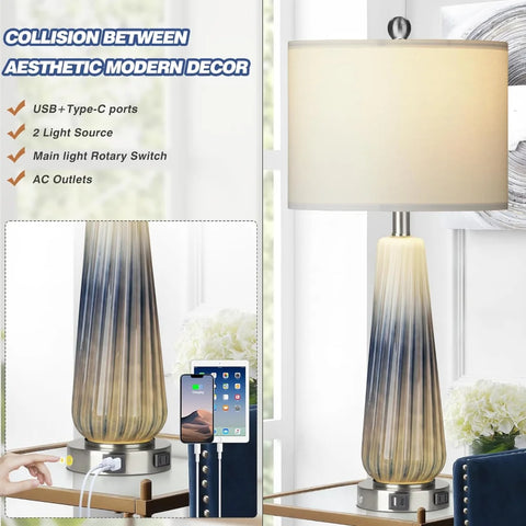 Glass Table Lamps for Living Room, 26" Modern Table Lamps with USB A+C Ports & AC Outlet, Touch Control Bedside Nightstand