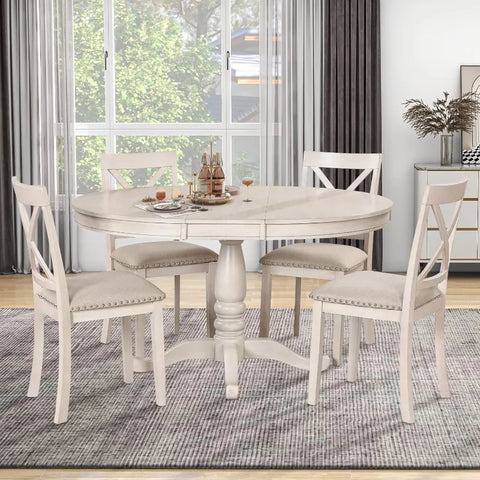 5-Piece Round Dining Table and Chair Set, Round Dining Table with Shelf, Wood Table Set for Family Dining Area