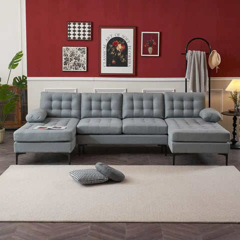 Sectional Sofa 110" U-Shape Sofa Couch Linen Fabric Upholstered with Double Chaises,Lattice Decorated,for Living Room, Apartment