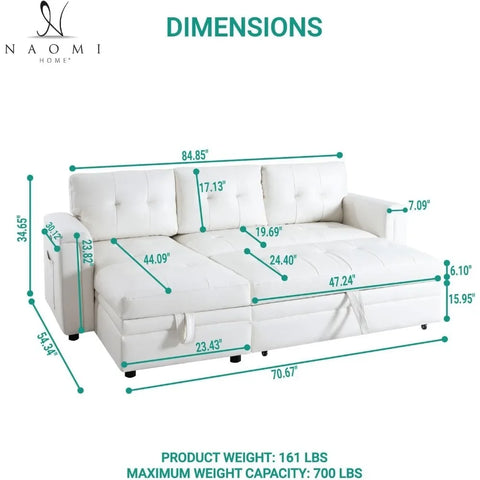 Sofa Beds, with USB Ports-L-Shaped Couch Convertible Pull-Out Bed,Timeless Design,Sturdy Construction, Air Leather Sofas