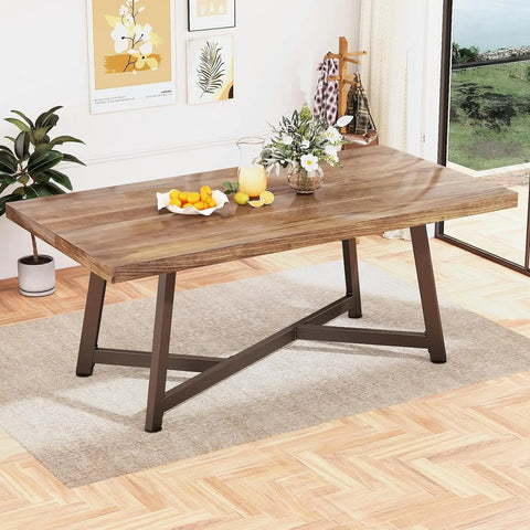 72"Large Solid Wood Dining Table for 4 5 6People,6FT Waterproof Rectangular Brown Kitchen Dinner Tables w/Adjustable Heavy Duty