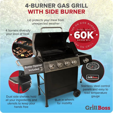 Grill Boss Outdoor BBQ Propane Gas Grill with Side Burner Lid Wheels Shelves Bottle Opener and 3 Burners