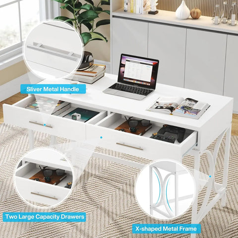 Modern White 41 Inches Computer Desk with 2 Drawers Home Office Bedroom Table Study Writing Desk Metal Frame