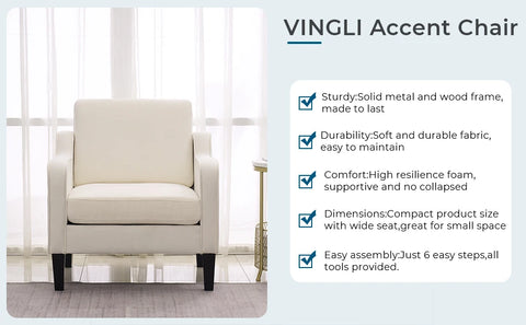 VINGLI Mid Century Modern Accent Chair,Beige Fabric Accent Chairs for Living Room Upholstered Armchair with Scooped Arms