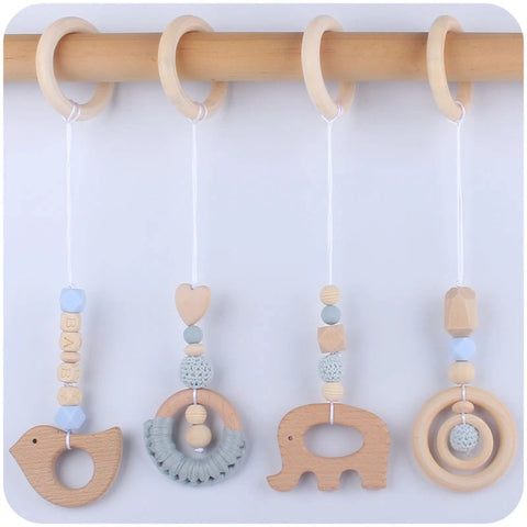 3/4 Pcs Baby Gym Frame Beech Wood Ring Baby Fitness Rack Pendants Silicone Beads Teether Newborn Stroller Rattle Play Gym Toys